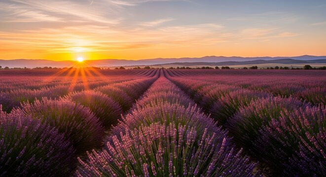 A lavender field at sunrise with rows of purple flowers and a bright orange sky in the background - Powered by Adobe