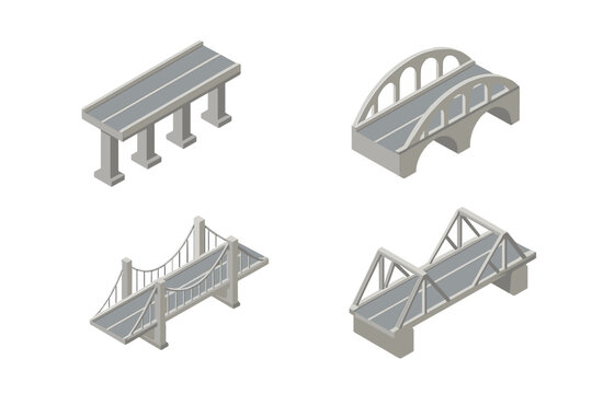 Isometric collection of modern bridge types including overpass, arch, suspension, and truss structures
