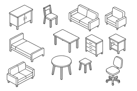 Isometric line art icons featuring common household furniture items like beds, sofas, chairs, and tables