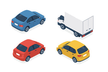 Fototapeta premium Isometric transportation set featuring passenger sedans, hatchback, and a commercial delivery box truck