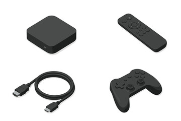 Set of modern electronic entertainment devices including media player, remote control, game controller, and cable
