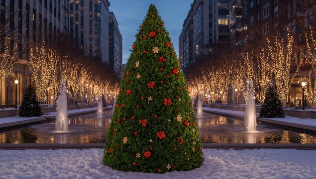 Decorated thuja ball adorned with red ornaments and winter elements, seasonal celebration