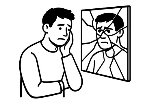 Young man feeling sad looking at his distorted reflection in a cracked mirror