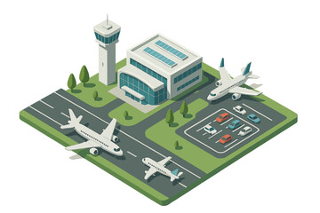 Modern airport terminal building and control tower with passenger airplanes on the runway and car parking area