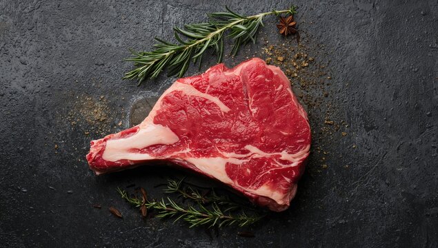 Raw T-bone steak surrounded by fresh thyme, rosemary, and spices, emphasizing culinary preparation techniques