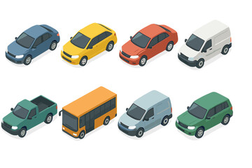 Colorful isometric transportation vehicles set including cars, vans, pickup truck, and city bus