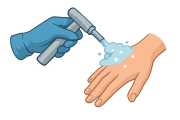 Applying antiseptic foam spray to bare hand from a gloved hand holding a nozzle