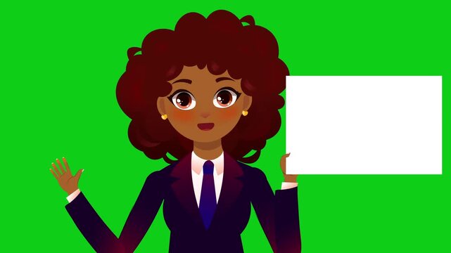 Curly-Haired Anime Businesswoman Holding Blank Paper &ndash; Advertising Mockup Character
