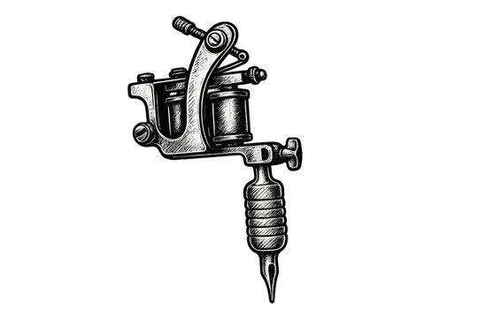 Vintage coil tattoo machine in detailed black and white engraving style