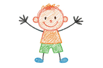 Happy child figure drawn in colorful crayon style with arms raised in excitement