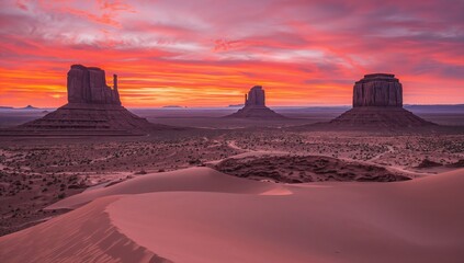 Naklejka premium Sunset over Monument Valley, showcasing the breathtaking landscape, seasonal change