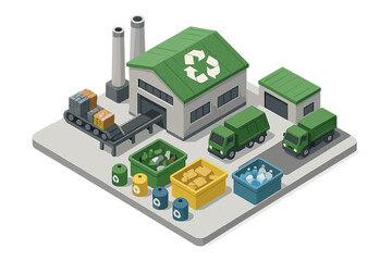 Isometric view of recycling facility showing waste sorting, processing, and transportation