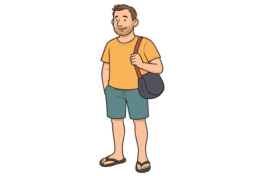 Young adult man wearing summer attire and flip flops carrying a messenger bag