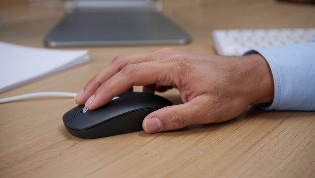 A man's hand gripping a computer mouse, focus and concentration