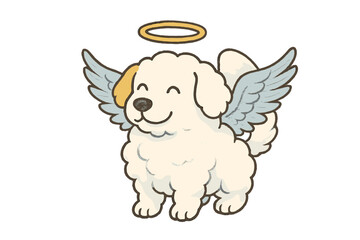 Adorable fluffy white puppy dog with angel wings and golden halo smiling happily