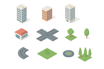 Obraz premium Isometric city elements set including buildings, roads, and trees for urban planning