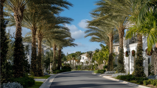 Festive palm trees with white and gold lights in a luxury Florida neighborhood