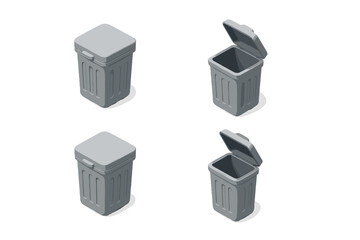 Four isometric trash cans showing open and closed states for digital interface design