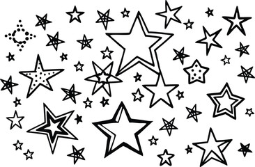 Diverse hand-drawn stars pattern, black outline on white, celebratory vibe