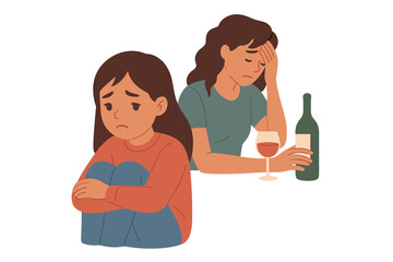 Child sitting alone, upset by mother's alcohol addiction and resulting family conflict