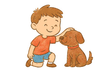 Happy boy kneeling and gently petting a cute brown puppy dog isolated on white background