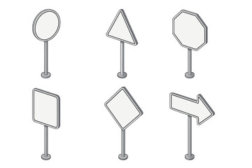 Set of blank isometric road signs featuring various shapes for traffic information