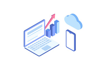 Isometric concept of digital devices analyzing business data and financial growth via cloud network