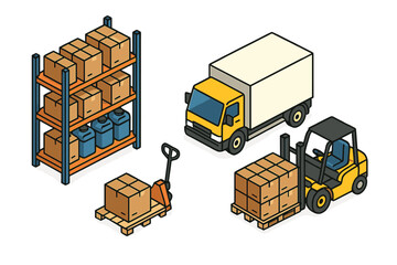 Isometric set of logistics and warehouse equipment delivery truck forklift shelving pallet jack © Andrei