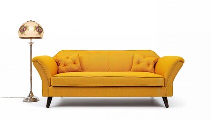 Retro yellow sofa with clipping path, vintage interior furniture piece, perfect for enhancing retro style decor