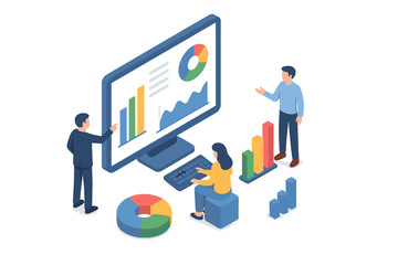 Business team analyzing financial data and market trends on a large computer screen