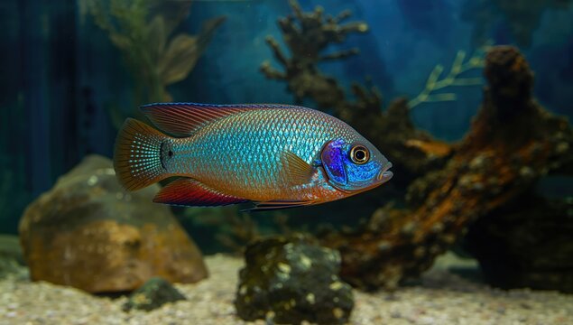 Strawberry Peacock Cichlid in freshwater aquarium, vibrant colors and unique patterns, aquatic biodiversity
