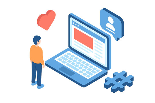 Isometric view of a person using a laptop for online networking and digital content interaction