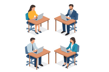 Diverse professionals working on computers at separate isometric workstations