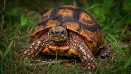 Obraz premium Red-footed Tortoise, a unique reptile species showcasing its vibrant shell and patterns, highlighting preservation