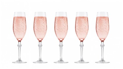 Assorted champagne pink rose glasses filled with bubbles displayed on a clean white background, each featuring a distinct design.