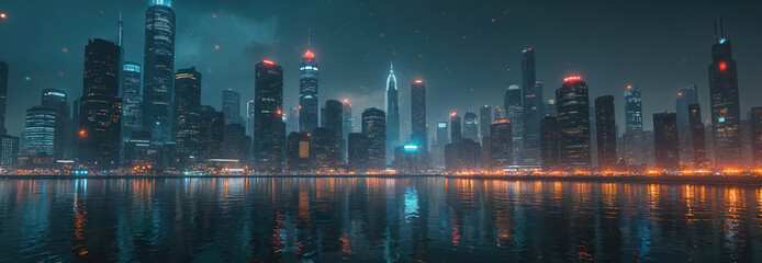 Cyberpunk city skyline at night reflects in dark water. Tall modern buildings glow with orange, blue neon lights. Urban metropolis tech landscape, digital future concept. Futuristic urban panorama