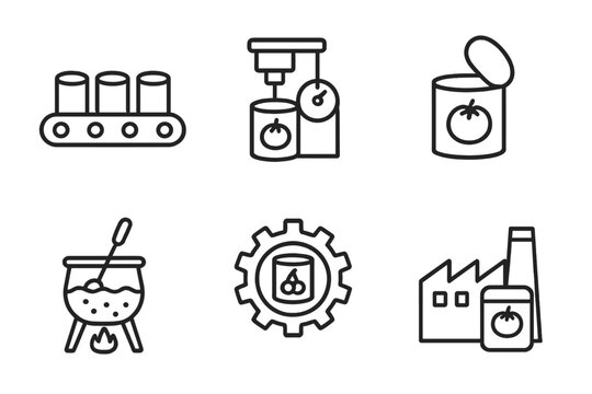 Set of linear signs depicting automated food production and canning industry processes