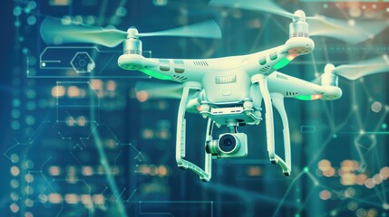 A detailed image of a drone in flight with a blurred digital background