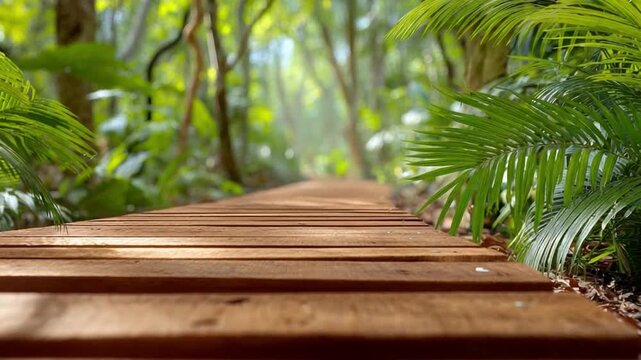 Path to serenity: A wooden walkway beckons the viewer deeper into a vibrant tropical forest. The sunlight filters through the dense foliage, creating a captivating play of light and shadow
