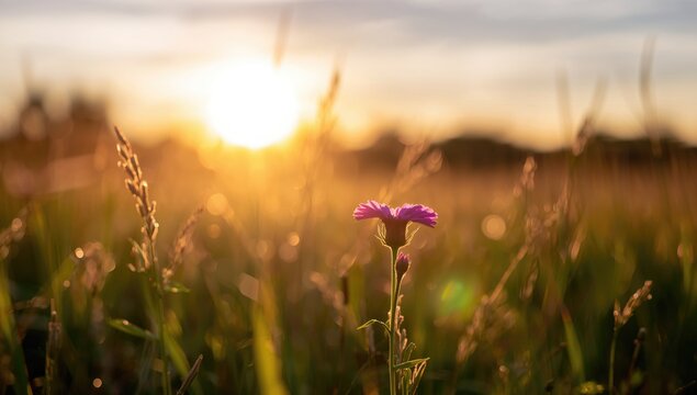 Inspirational close-up of nature with vibrant sunset floral meadow and soft bokeh effect. Lush greenery bathed in warm golden sunlight, evoking freedom and tranquility in bright spring hues.