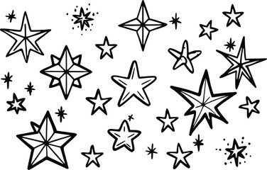 Fototapeta premium Hand drawn collection of star shapes and sparkles in black ink