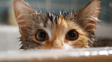 Close-Up of a Wet Cat with Intense Eyes Poking Over a Bathtub Edge, Highlighting Curiosity and Playfulness in Domestic Pet Environment