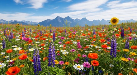 A vibrant flower field with mountains in the background under a bright blue cloudy sky view