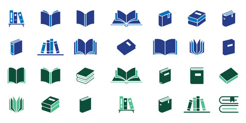 Open book icon. Open book, closed book icon set. Book icon set. Color book icons. Outline book symbol. Library symbol in glyph. Open and closed dictionary set. Education sign.