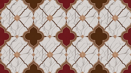 Seamless Moroccan quatrefoil tile pattern, burgundy red and warm brown, metallic rose gold accents, white marble background with gray veins, luxury wall and floor design.