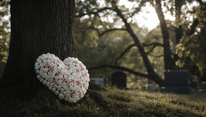 Sympathy flowers shaped like hearts placed by a tree in a cemetery, expressing remembrance and loss