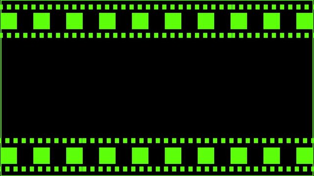 Classic film strip frame black and white empty space for video movie or photo content. Moving film strip animation loop with classic camera roll effect on dark cinematic background.