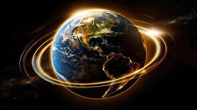 A digital rendering of Earth with illuminated orbital rings against a black space backdrop