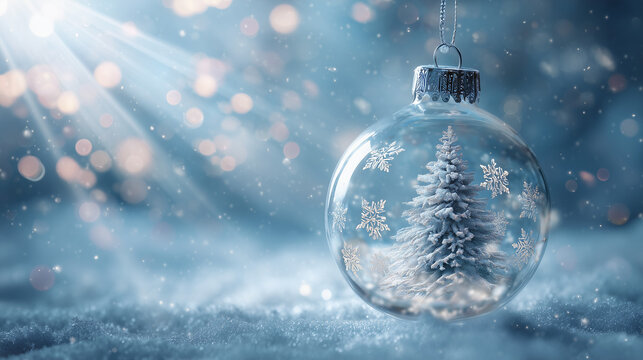 Christmas background with hanging glass Christmas ball, snowflakes, and a star inside the transparent bauble