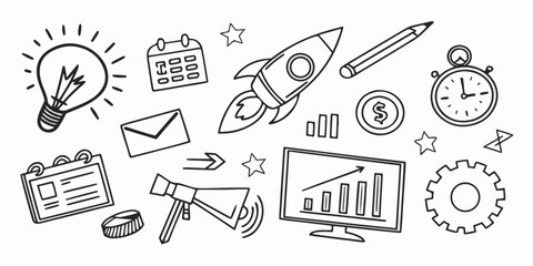 Clean hand-drawn business doodles featuring startup rocket, growth charts, idea light bulb, clock, paper plane, gears, and target icons. Minimal line art illustration for marketing, planning.